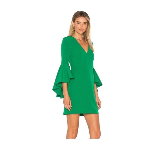 Milly Emerald Green Nicole Dress Size 4 V Neck Mini Sheath Ruffle 3/4 Sleeves - Picture 3 of 13